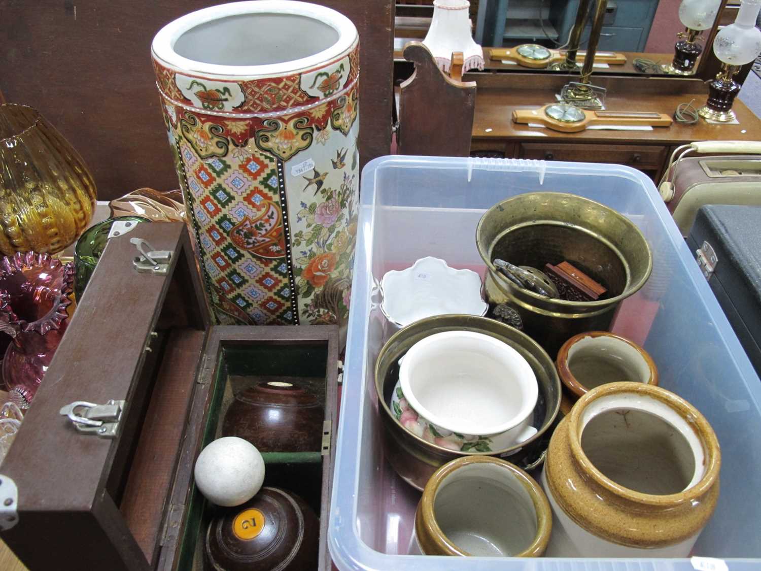 Jardinieres, stoneware jars, etc:- One Box. Lawn green bowls, pottery stick stand, 46cm high.