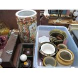 Jardinieres, stoneware jars, etc:- One Box. Lawn green bowls, pottery stick stand, 46cm high.