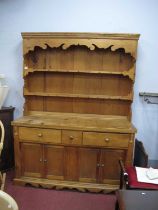 Pine Kitchen Dresser, rack with a stepped pediment, shaped apron, two shelves, base with central