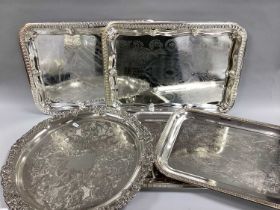 Rectangular and Circular Trays. The trays are 20th century. 2 are silver plated made in Taiwan, 2