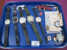 Gent's Wristwatches, including Ricardo, Ascot, Reflex, enamel and other badges, colar stiffners, etc
