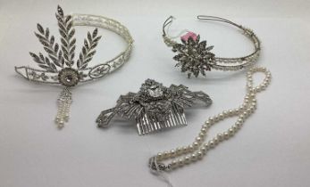 Ex Bridal Boutique Diamanté Head Bands, Art Deco style, together with a decorative hair comb and a