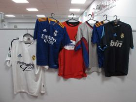 Real Madrid Shirts, by Adidas home bearing 'Real Madrid.Com' logo size L, dark blue away bearing '