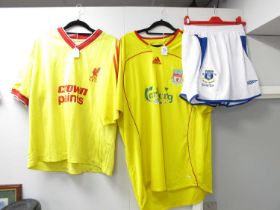 Liverpool Yellow Away Shirts, Adidas bearing 'Carlsberg' logo size XL, and earlier bearing 'Crown