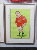 John Ireland, a caricature drawing of Martin Johnson in British Lions strip, watercolour, signed