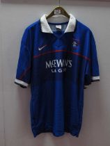 Glasgow Rangers 1997-8 Nike Blue Match Shirt, with SFL arm patches to short sleeves, size L,