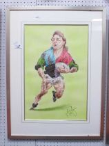 John Ireland, a caricature drawing of Matt Symons, in Harlequins Rugby Union strip, a watercolour