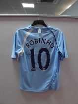 Robinho Signed Manchester City Le Coq Sportif Home Shirt, bearing 'Thomas Cook' logo, 'Robinho 10'