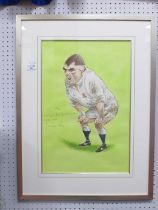 John Ireland, a caricature drawing of Jason Leonard in England Rugby Union strip, watercolour,