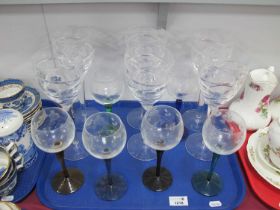 Six Large Wine Glasses, 25cm high, together with six-hour glasses:- One Tray.