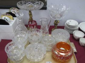Glass Lidded Bowls, decanters, sundaes, etc:- One Tray. Two comports with brass figural supports.