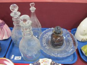 Three XIX century clear glass decanters two with ring necks and later stoppers, Mdina decanter and