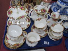 Royal Albert 'Old Country Roses' Tea Service, cake stand, teapot (damage to finial) cups saucets,