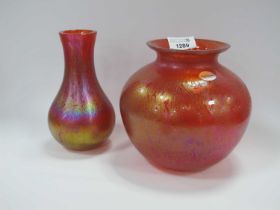 A Royal Brirley orange lustre glass vase 16cm h bearring label together with another similar. (2)