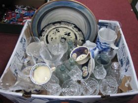 Blue-White Jugs, XIX Century bottles, Studio art pottery plate, etc:- One Box.