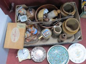 Stoneware Jars and Bottles, Carnival glass dish, lamp, Samurai coffee ware, clock, plated dish,