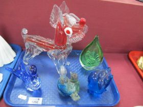 Murano Style Glass Model of a Dog, size 24cm high, in red and clear glass, along with four other
