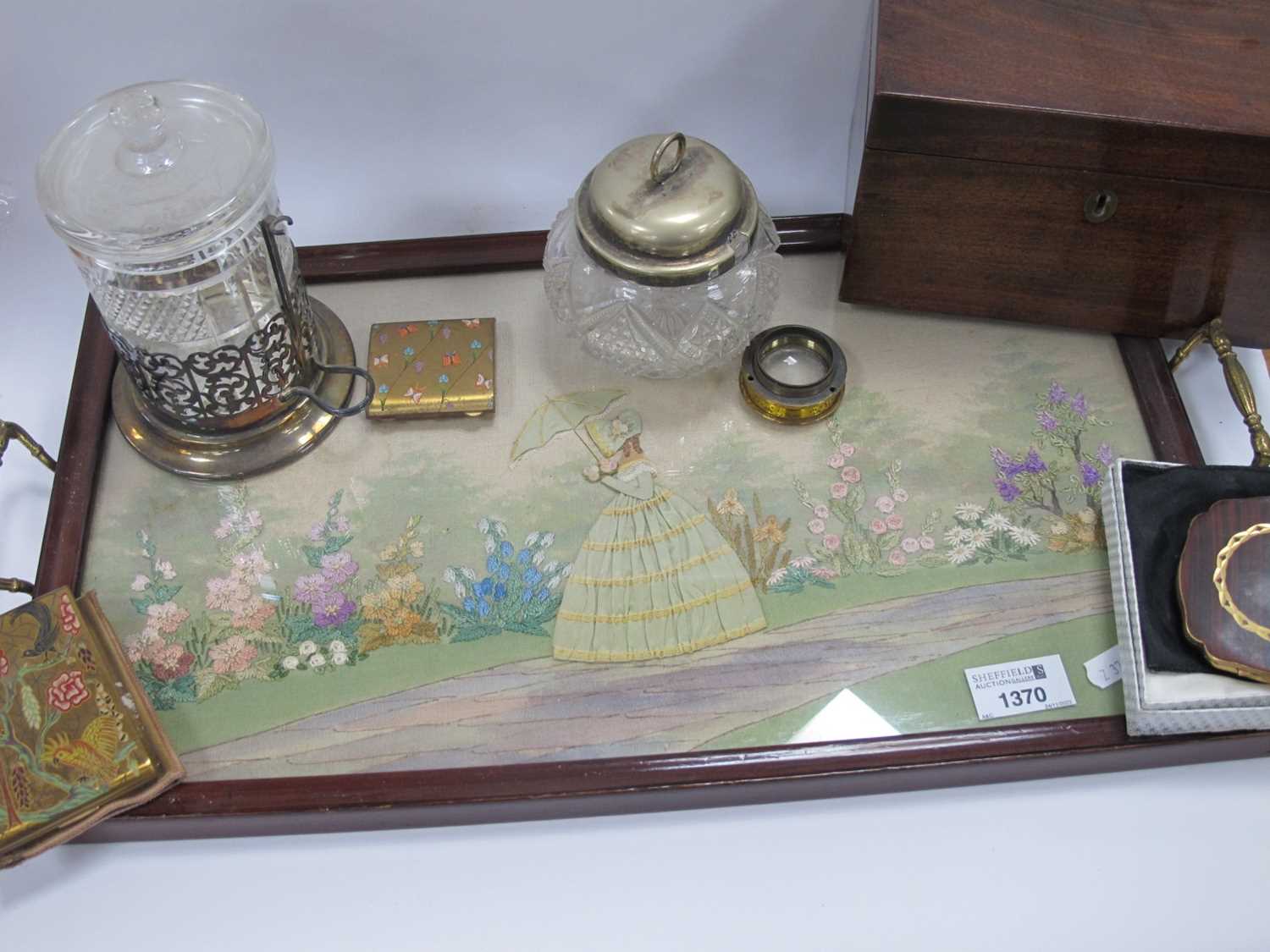 Vogue and Other Compacts. Mohagany tea caddy, embroidered paneled tray.