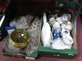 Glassware, ceramics, brass warming pan, etc:- Two Boxes.