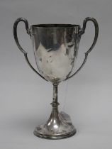 A Hallmarked Silver Twin Handled Trophy Cup, Mappin & Webb, Sheffield 1898, on circular spreading