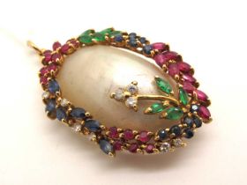 A Modern Mabé Pearl, Diamond, Ruby, Emerald and Sapphire Set Pendant, of oval form within multi claw