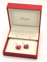 Baccarat; A Pair of Modern Pink Crystal Heart Earrings, on hook fittings signed and stamped "925",