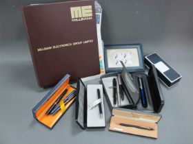 A Waterman Fountain Pen, in black case with 14K nib and a selection of eight Waterman, Cross and