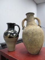 A Studio Pottery Large Two-Handled Urn Shaped Vase, with painted brown and black geometric