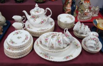 Royal Albert 'Moss Rose' Pattern Tea Ware, including teapot and seven dinner plates, approximately