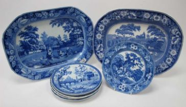 A Mid XIX Century Pearlware Meat Dish, printed in blue with figures and animals in a garden within a