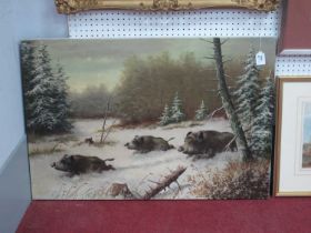 K.H. BOASE? (German School) Wild Boar Running in a Winter Forest Landscape, oil on canvas, signed
