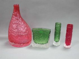 Two Whitefriars Glass Cylindrical 'Bark' Vases, in red and green, 14.5cm high, a green