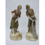 A Pair of Royal Dux Pottery Figures, modelled as a fisherman holding a net and his wife, each upon