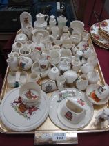 Crested China, including Goss 'Wales teapot stand, model of Welsh Jack, Teignmouth lighthouse,