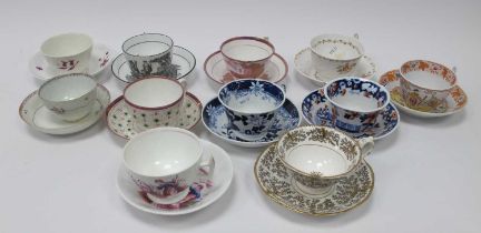 Eleven Mid-Late XIX Century Porcelain Teacups and Saucers, to include: Hilditch, Sunderland