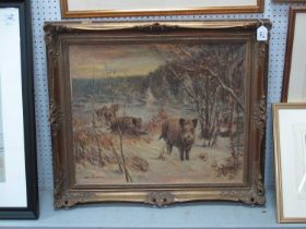 WILLHELM (WILLI) LORENZ (1901-1981) *ARR Boar Herd in a Winter Forest, oil on canvas, signed lower