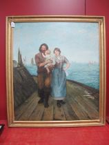 XIX CENTURY ENGLISH SCHOOL A Fisherman, his wife and baby standing on his boat at sea, oil on