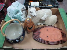 A Collection of Studio Pottery, to include: a face mask, a sheep and ewe, a dish with face