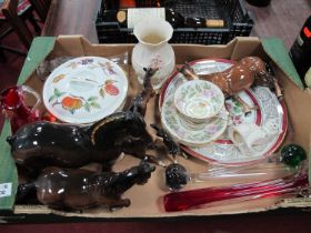 Belleek Pottery Vase, 15cm high and cat, Beswick horses (with faults), Limoges tray, Paragon cups