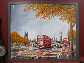 NIGEL COOK (b.1960)*ARR View of Westminster with Buses in Autumn, acrylic on board, signed lower