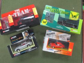 Four Corgi diecast model vehicles comprising of #CC50902 The Green Hornet, #CC87502 The A-Team