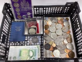 Collection Of GB And World Coins, including an 1893 Victoria silver Crown, GB £1 banknotes, 1972