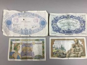 Collection Of Seven European Banknotes, includes a 1938 France 500 Francs, 1938 Belgium 500