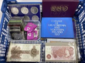 Collection Of GB Coins And Banknotes, including a 1970 and 1977 Royal Mint proof set, Crowns of GB