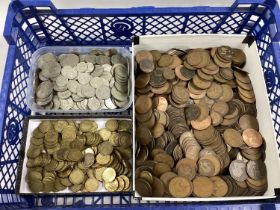 Large Collection Of GB Pre-Decimal Coins, Pennies, brass Threepences, Cartwheel Penny etc.