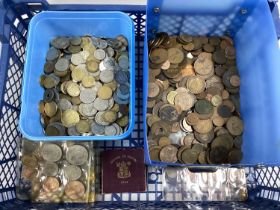 Large Collection Of GB And World Coins, including GB pre-decimal Pennies, brass Threepences etc, and