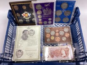 Collection Of Coins And Banknotes, GB Crowns, 1972 Malta coin set, 2021 coin price yearbook, large