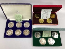 Three Pobjoy Mint Isle Of Man Crown Sets, 1986 Mexico World Cup finals, 1979 1,000th anniversary