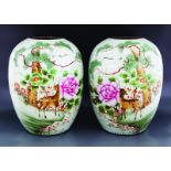 PAIR CHINESE QING PERIOD POLYCHROME URNS