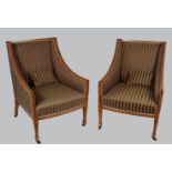 PAIR SHERATON SATINWOOD WINGBACK ARMCHAIRS